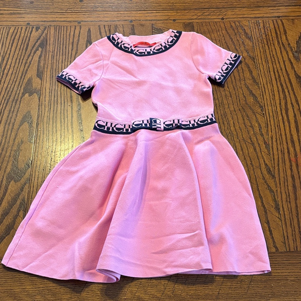 CH Carolina Herrera Pink Logo-Trim Fit & Flare Girls Dress